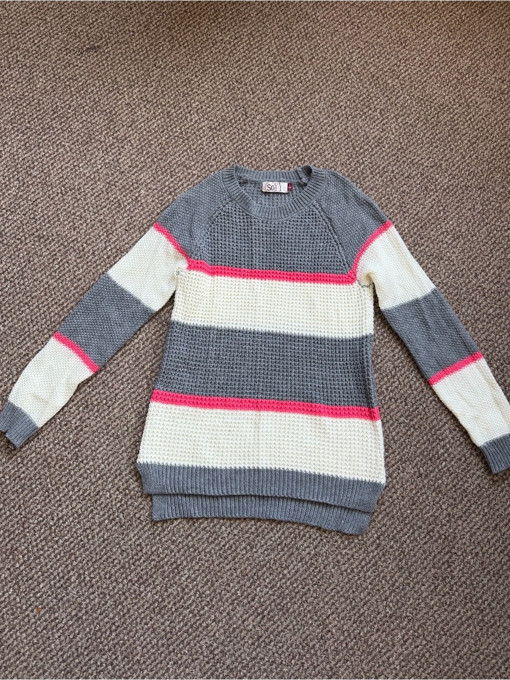 SO Striped Crewneck Sweater in Gray, Cream & Pink
